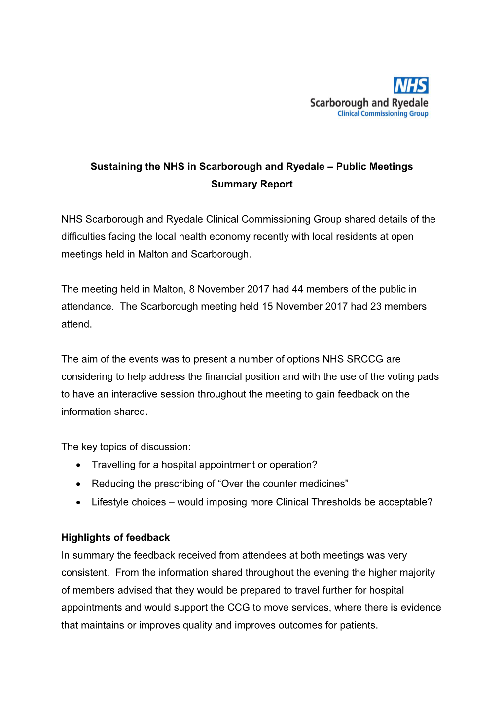 Sustaining the NHS in Scarborough and Ryedale Public Meetings