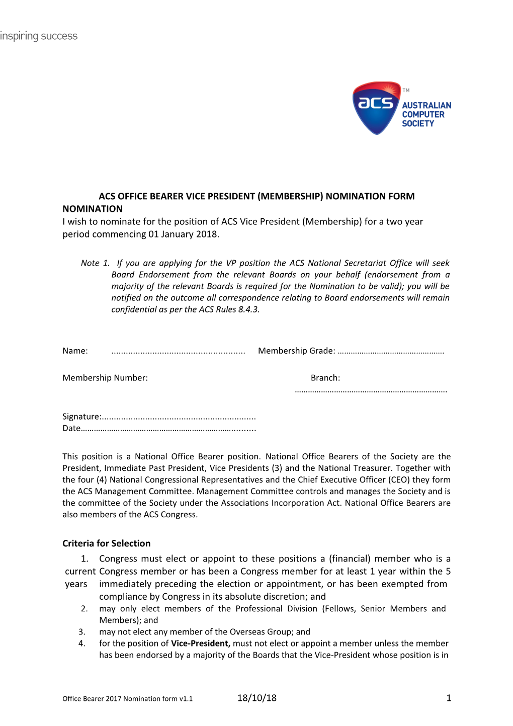 Acs Office Bearer Vice President (Membership) Nomination Form