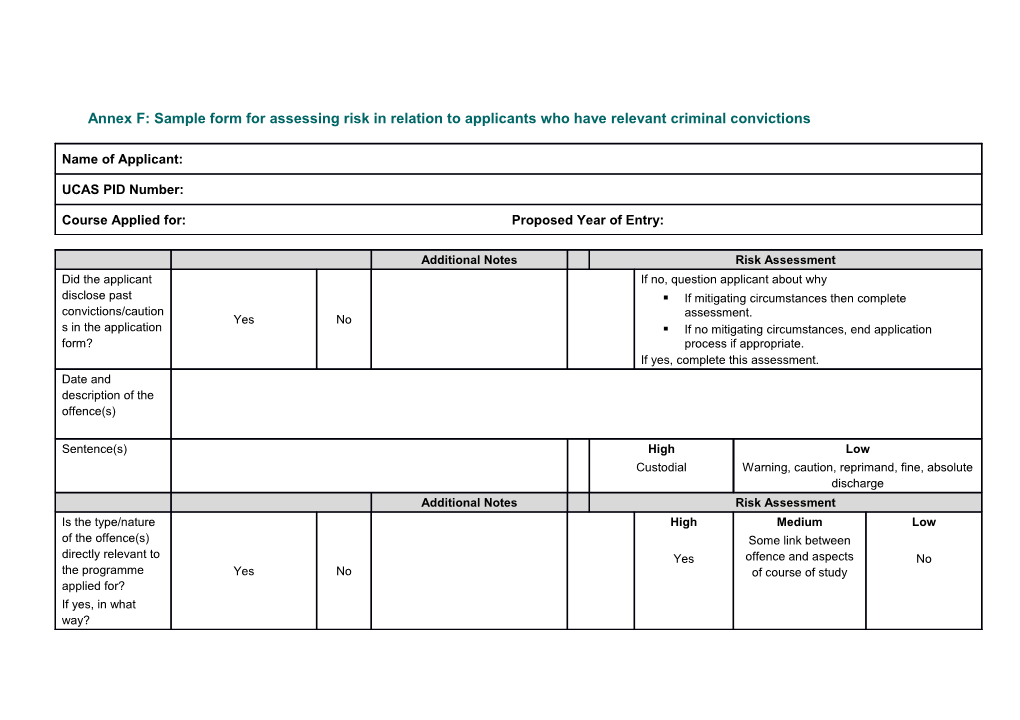 Annex F: Sample Form for Assessing Risk in Relation to Applicants Who Have Relevant Criminal