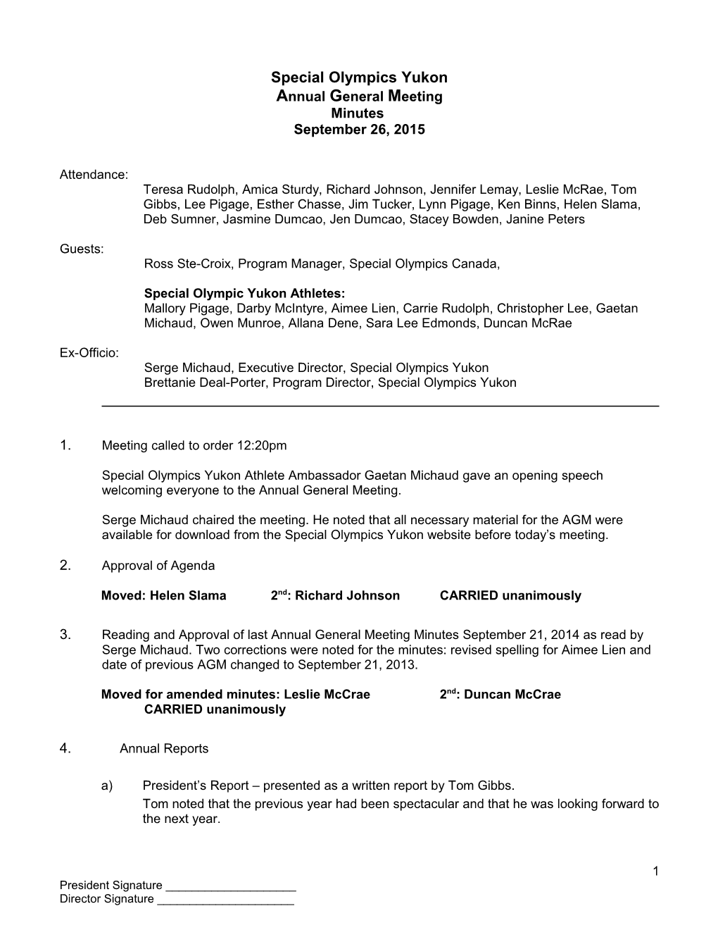 Yukon Special Olympics - Board Meeting Minutes