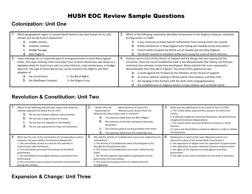 HUSH EOC Review Sample Questions