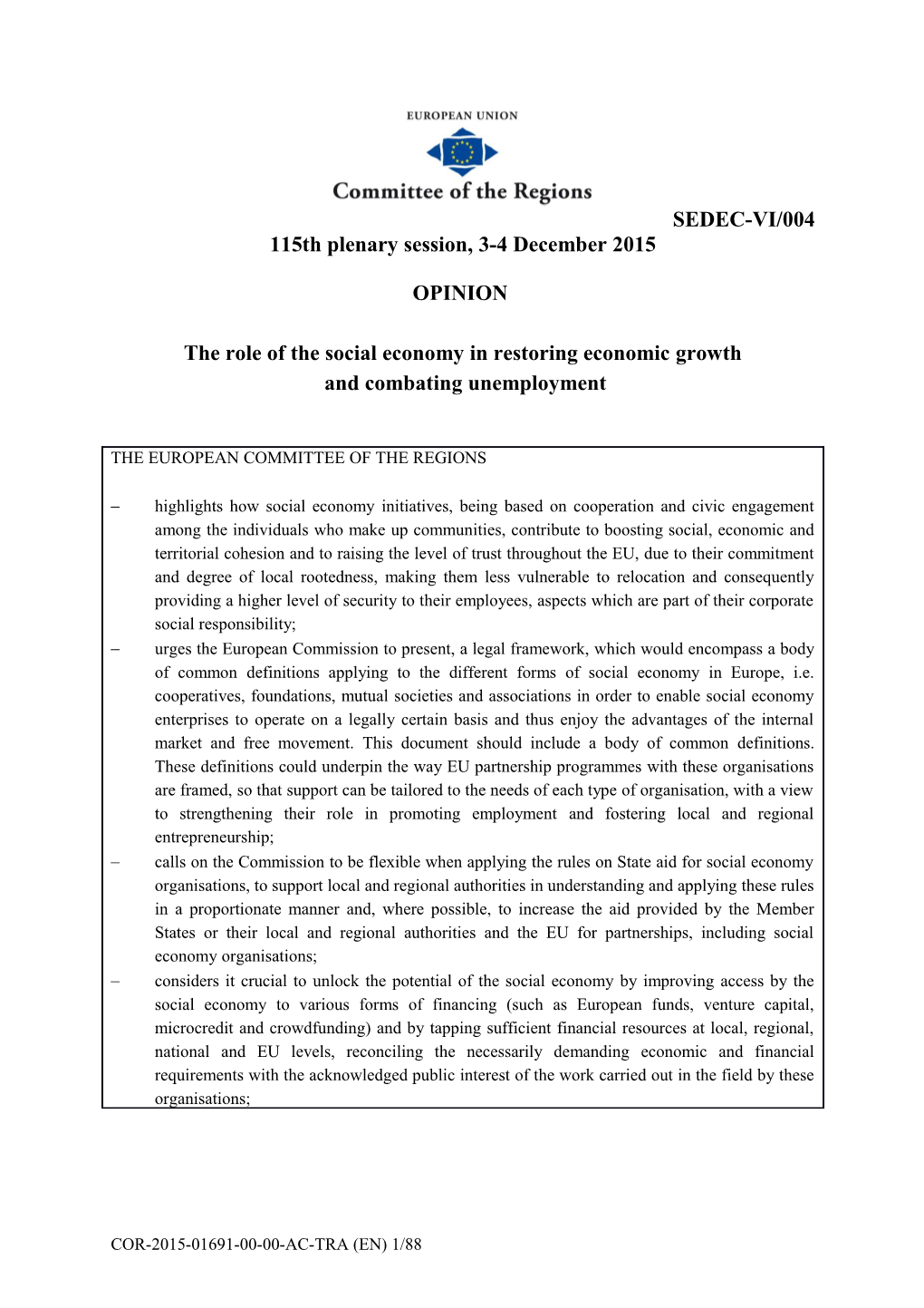The Role of the Social Economy in Restoring Economic Growth and Combating Unemployment