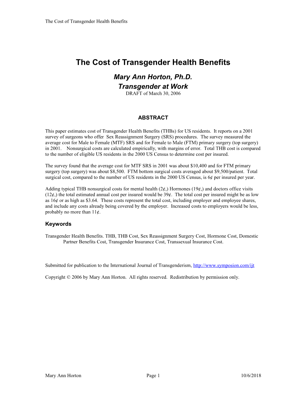 The Cost of Transgender Health Benefits