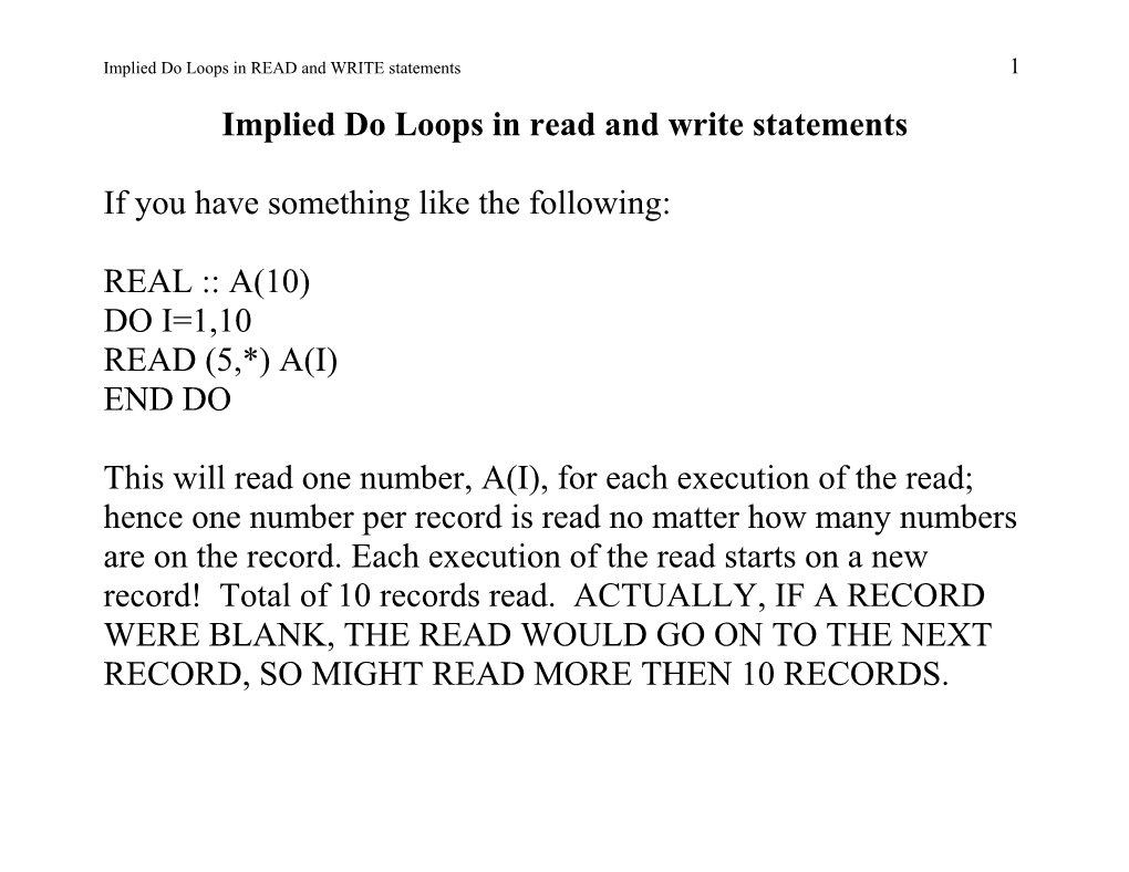 Implied Do Loops in Read and Write Statements
