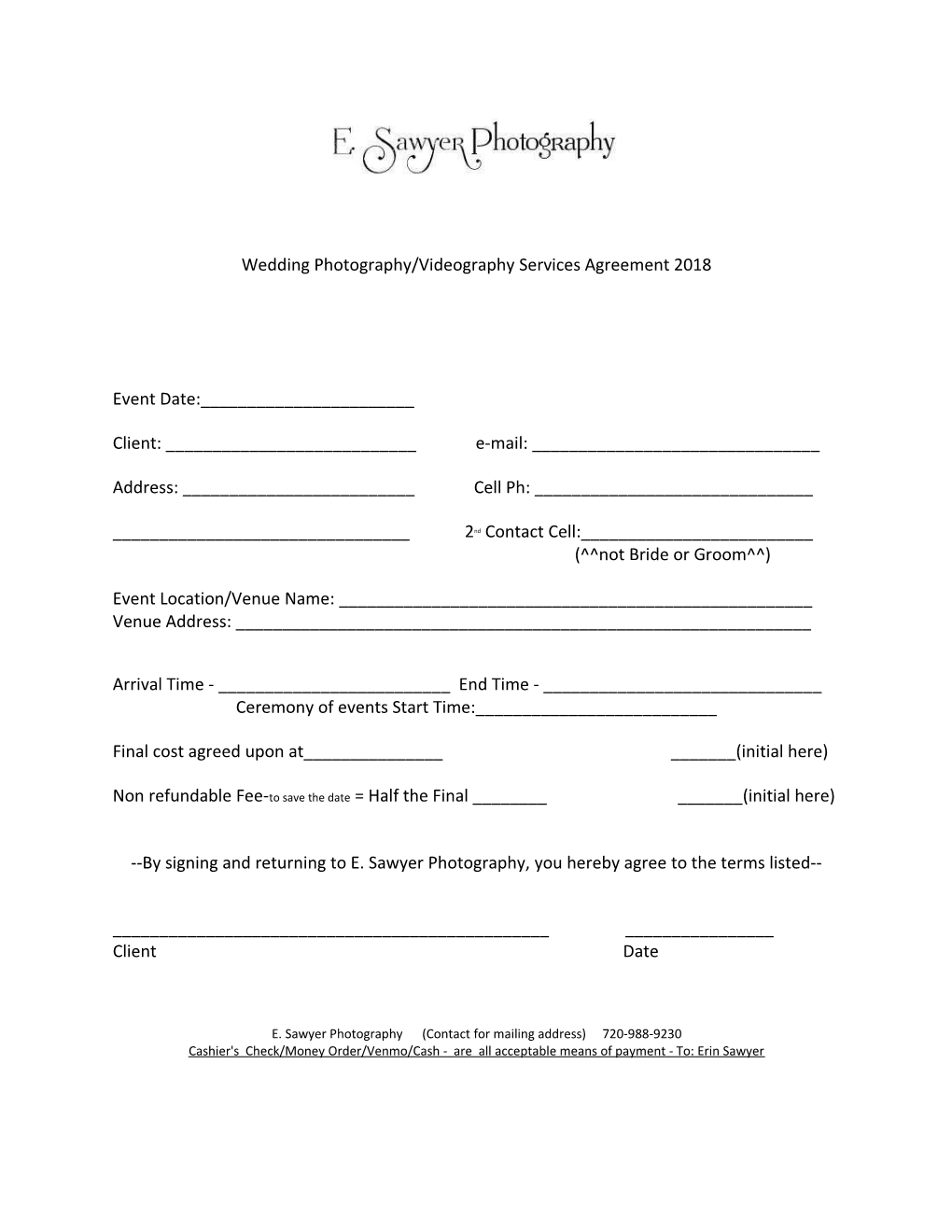 Wedding Photography/Videography Services Agreement 2018