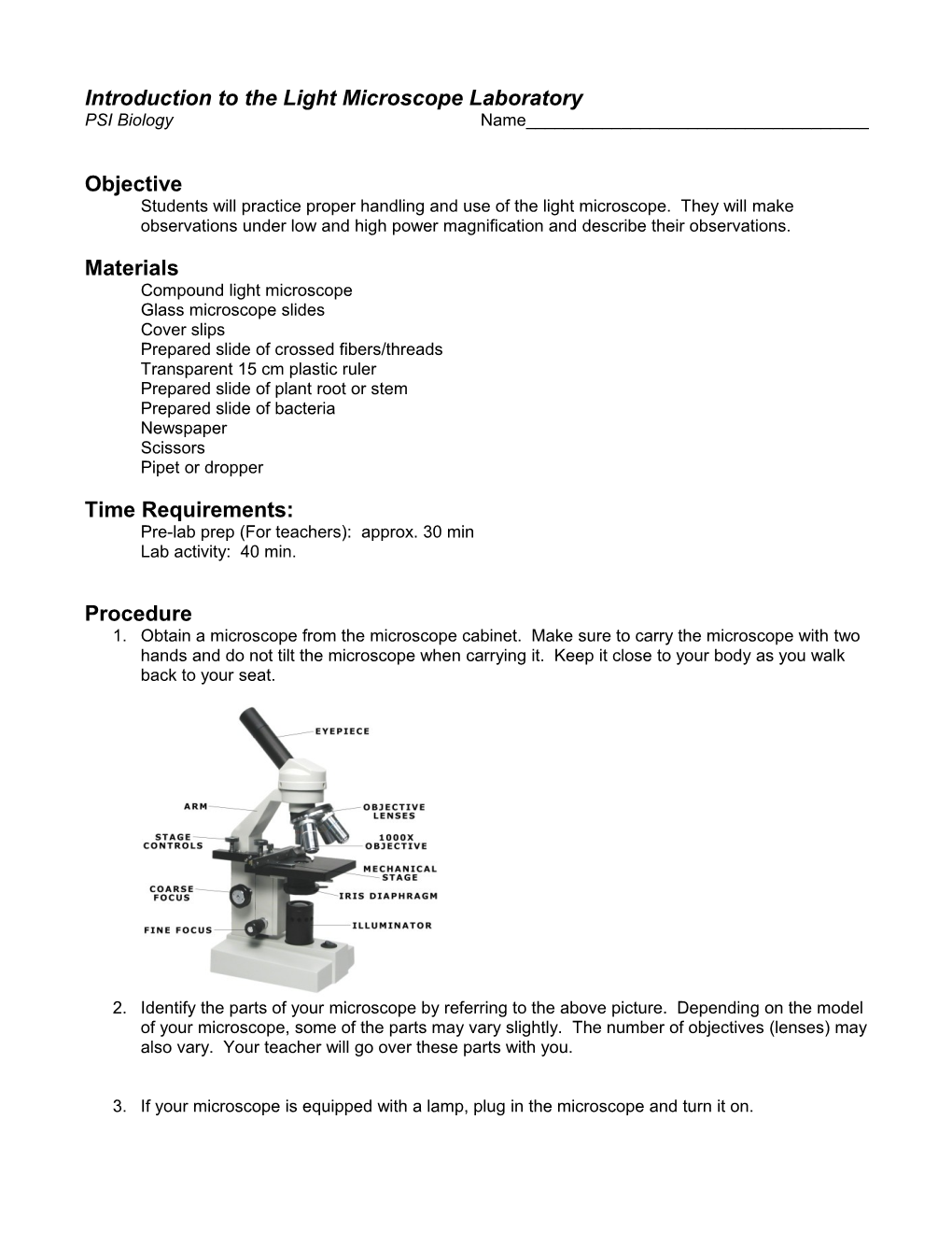 Introduction to the Light Microscope Laboratory