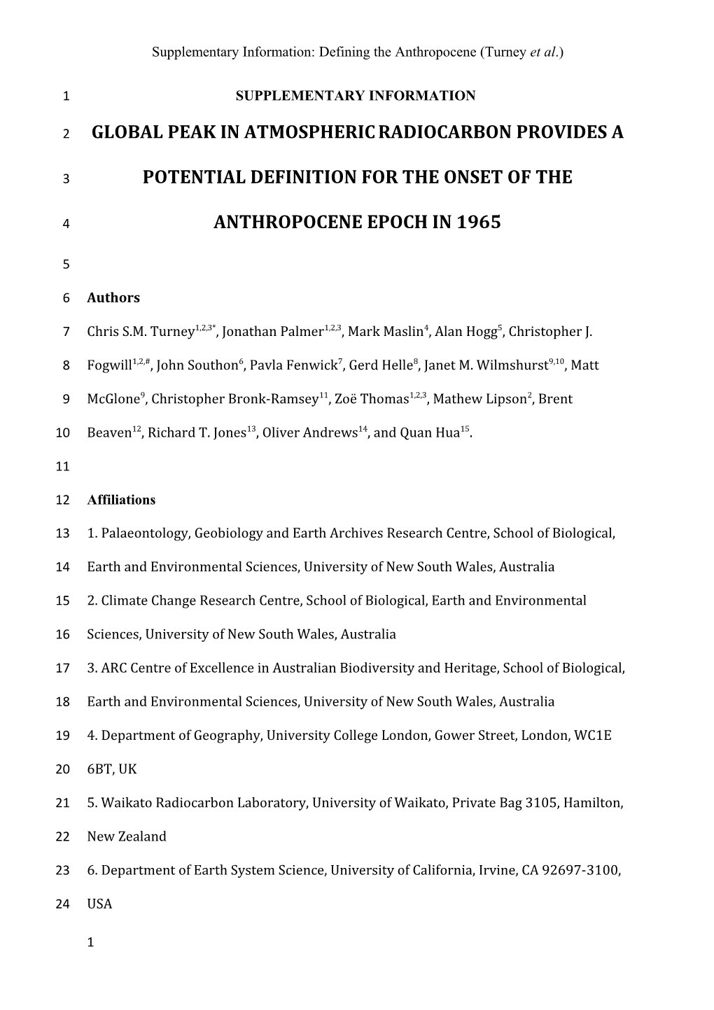 Supplementary Information:Defining the Anthropocene (Turney Et Al.)