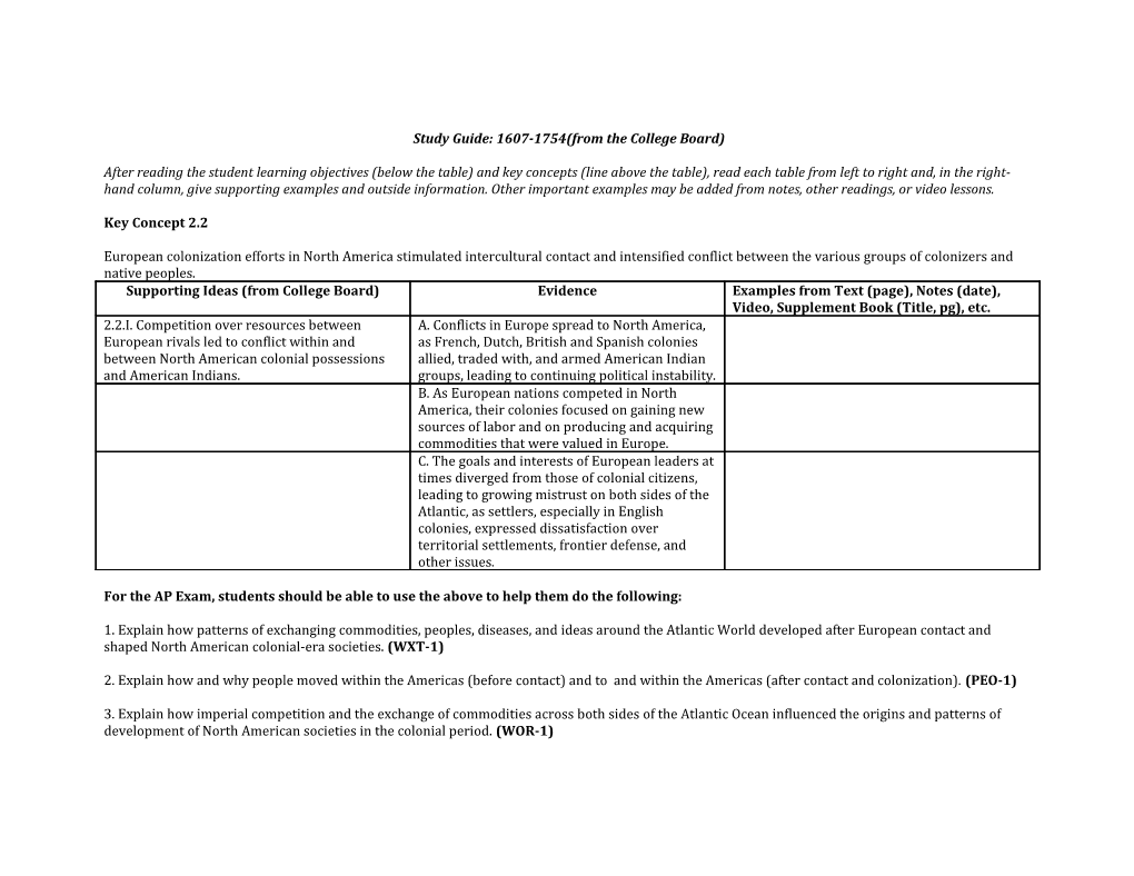 Study Guide: 1607-1754(From the College Board)