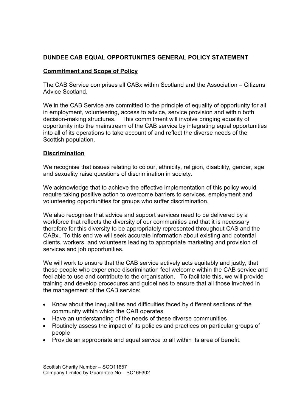 Dundee Cab Equal Opportunities General Policy Statement