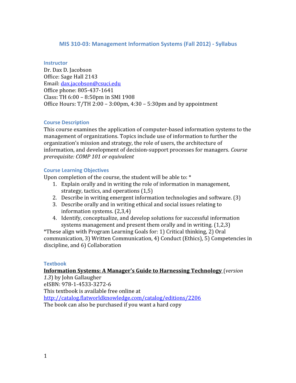 MIS 310-03: Management Information Systems (Fall 2012) - Syllabus