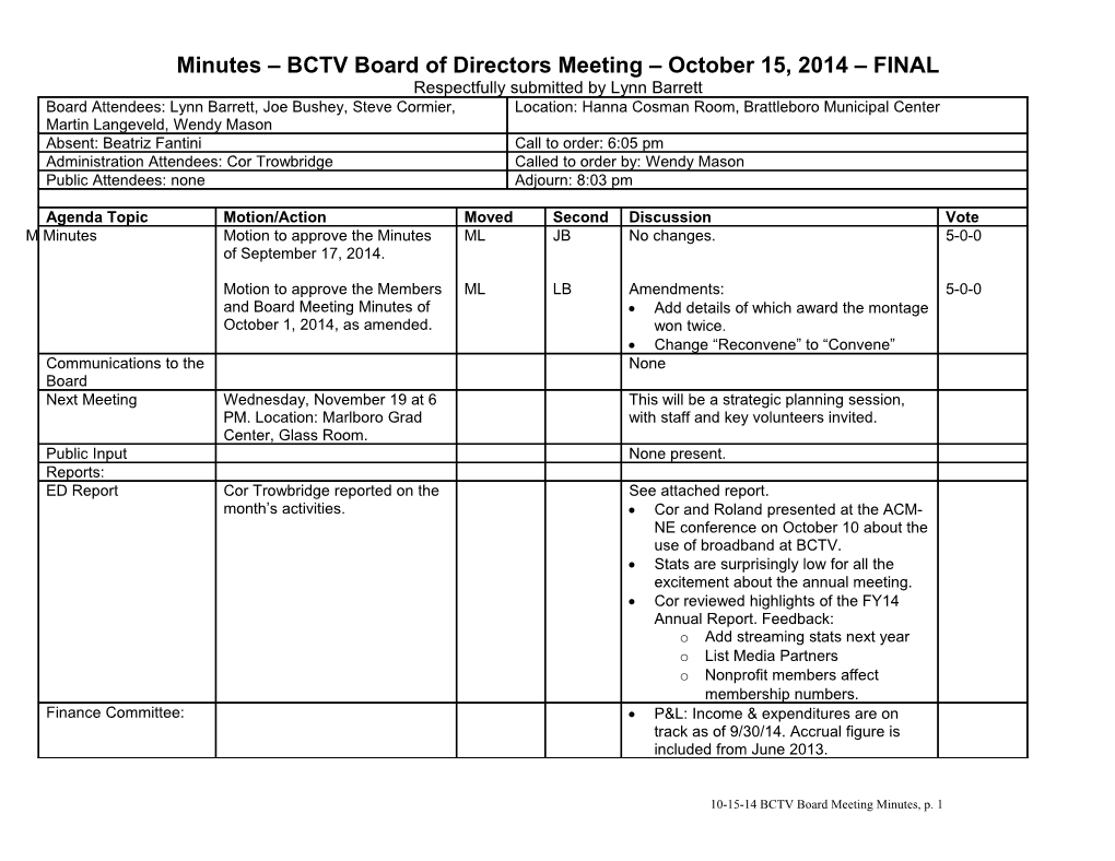 Minutes BCTV Board of Directors Meeting October 15, 2014 DRAFT