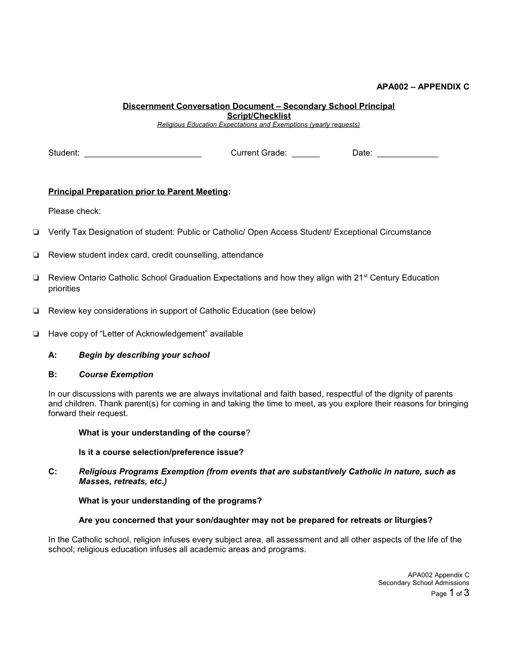 Discernment Conversation Document Secondary School Principal