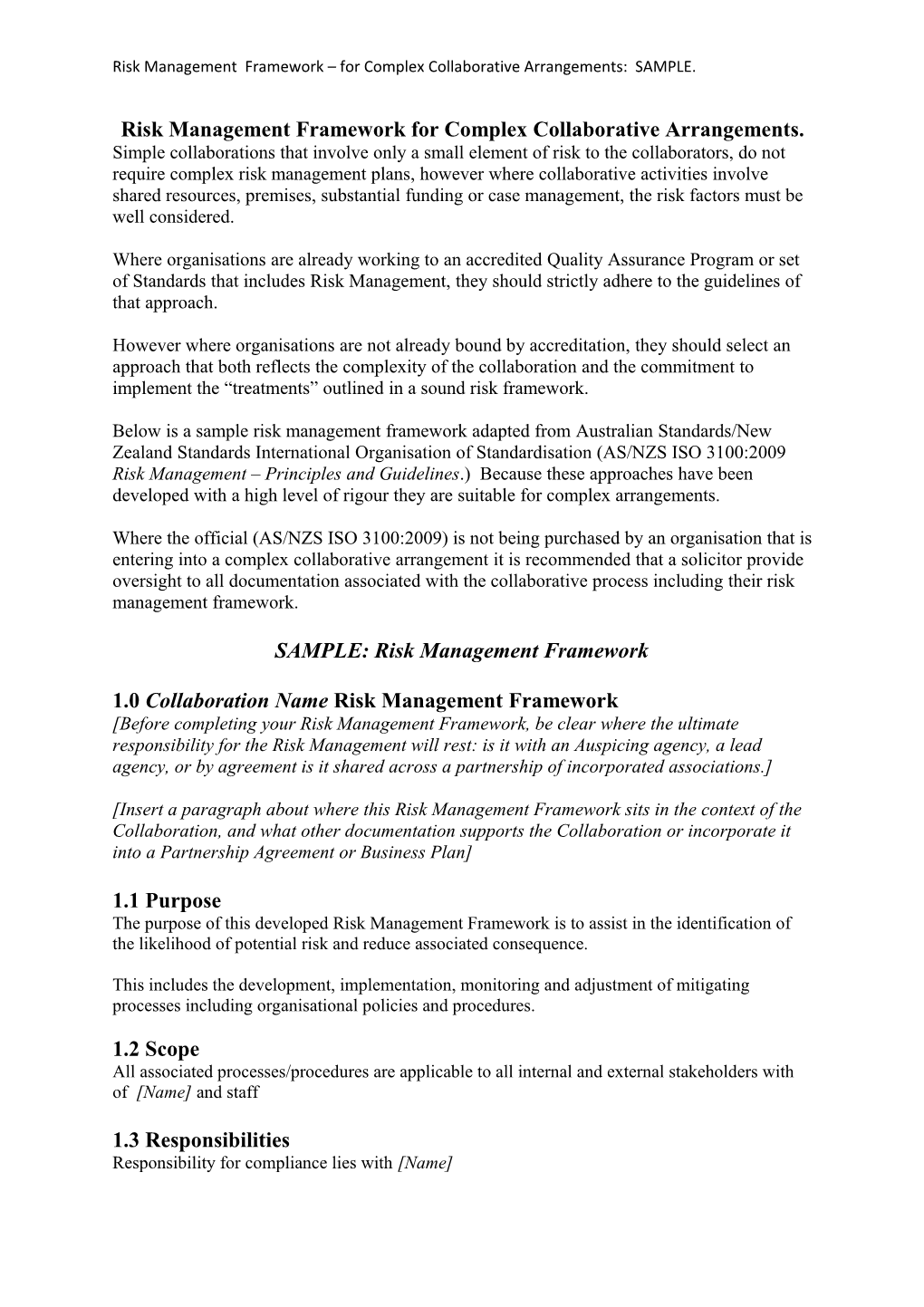 Risk Management Framework for Complex Collaborative Arrangements