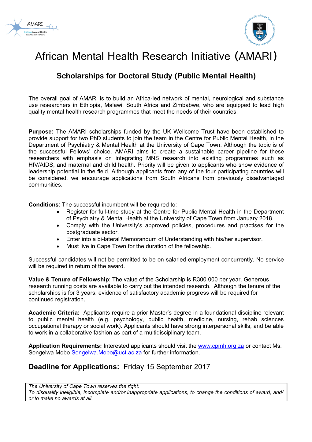 Scholarships for Doctoral Study (Public Mental Health)