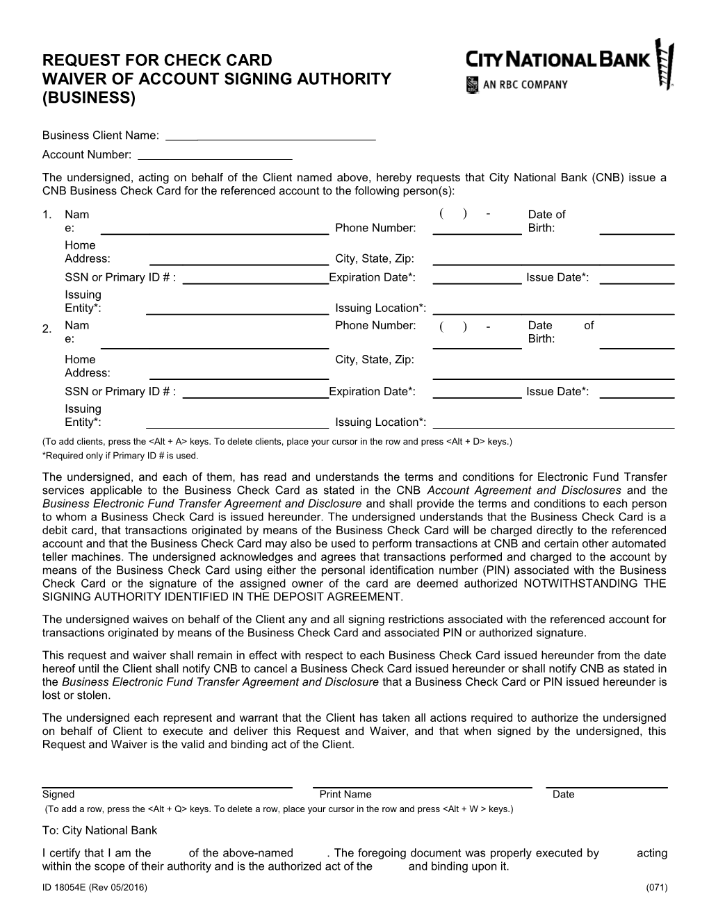 Forms & Manuals Request for Check Card Waiver of Account Signing Authority (Business)