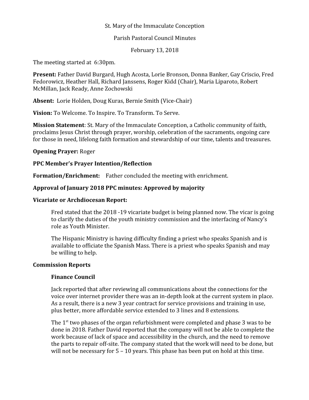 Parish Pastoral Council Minutes