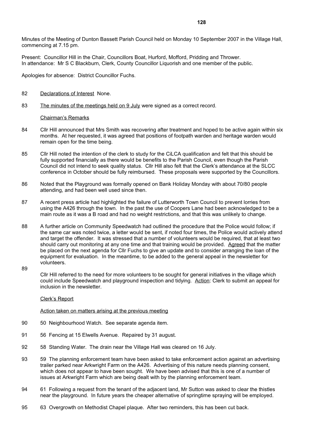 Minutes of the Meting of Dunton Bassett Parish Council Held on Monday 14 April 2003 In