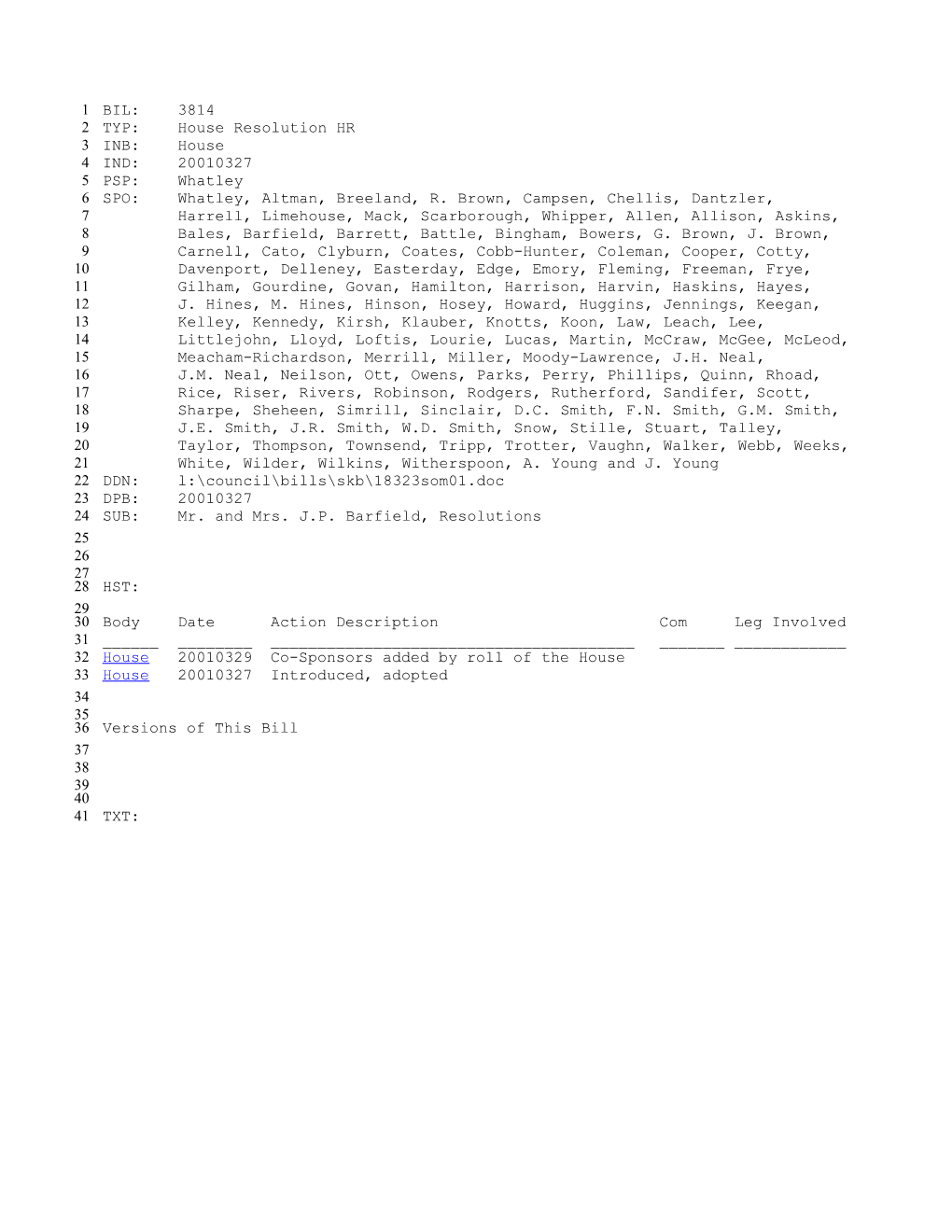 2001-2002 Bill 3814: Mr. and Mrs. J.P. Barfield, Resolutions - South Carolina Legislature Online