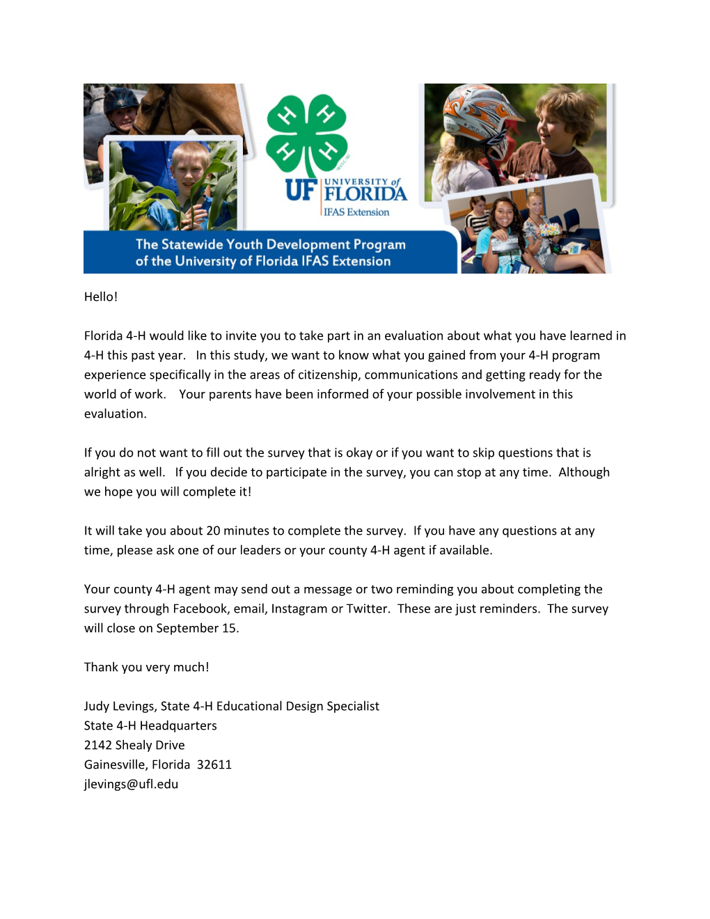 Florida 4-H Would Like to Invite You to Take Part in an Evaluation About What You Have