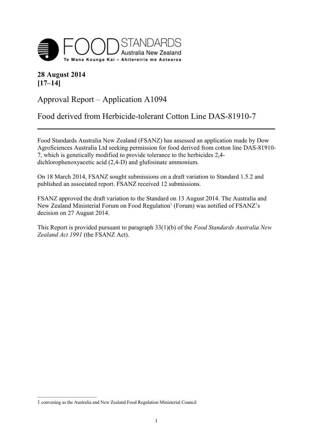 Food Derived from Herbicide-Tolerant Cotton Line DAS-81910-7