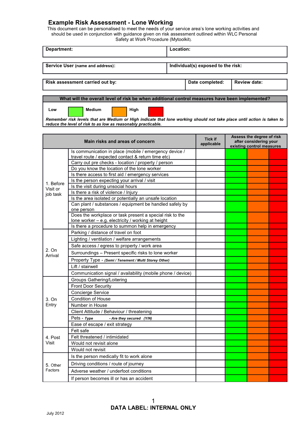 Example Risk Assessment - Lone Working