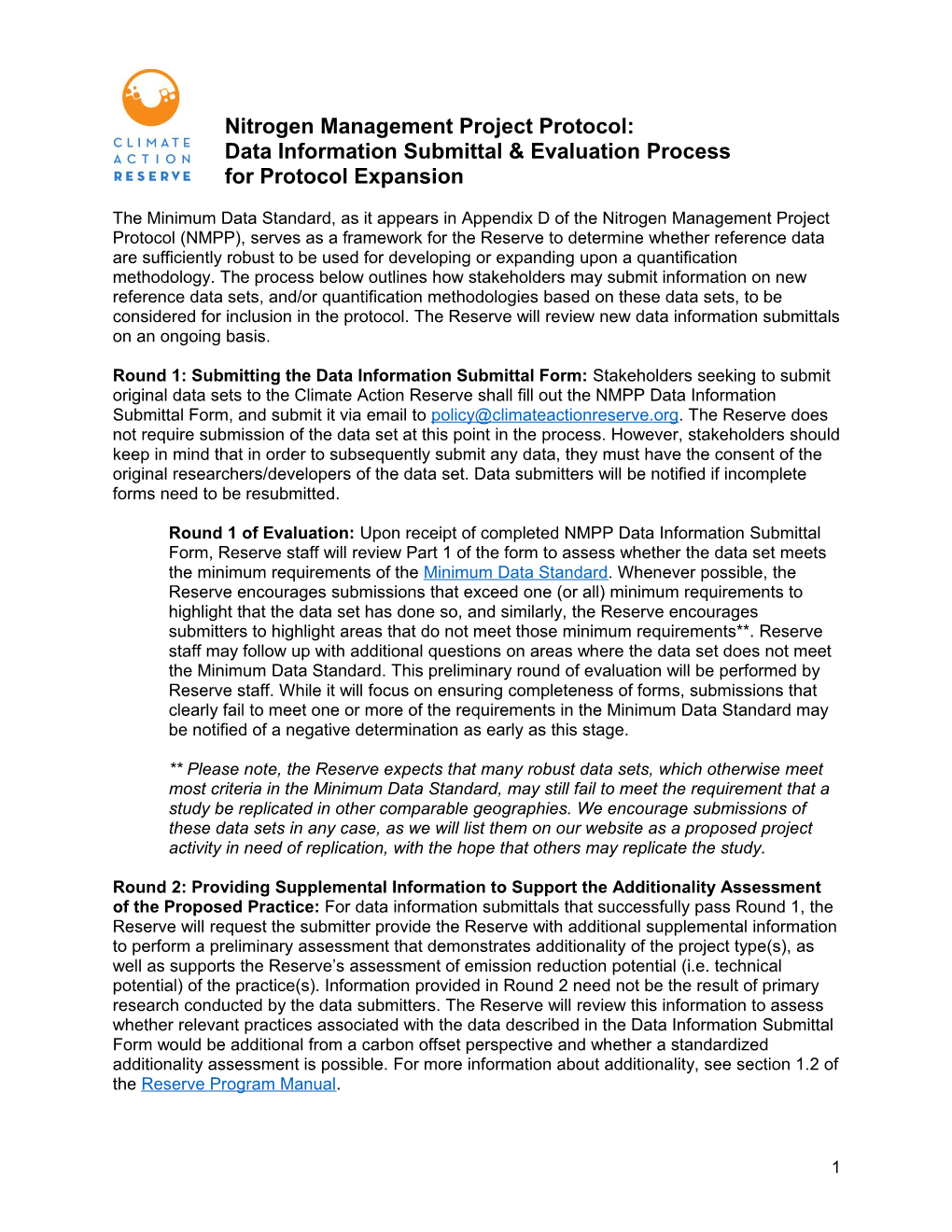 Nitrogen Management Project Protocol: Data Information Submittal & Evaluation Process