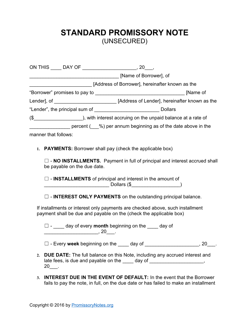 Unsecured Promissory Note Template