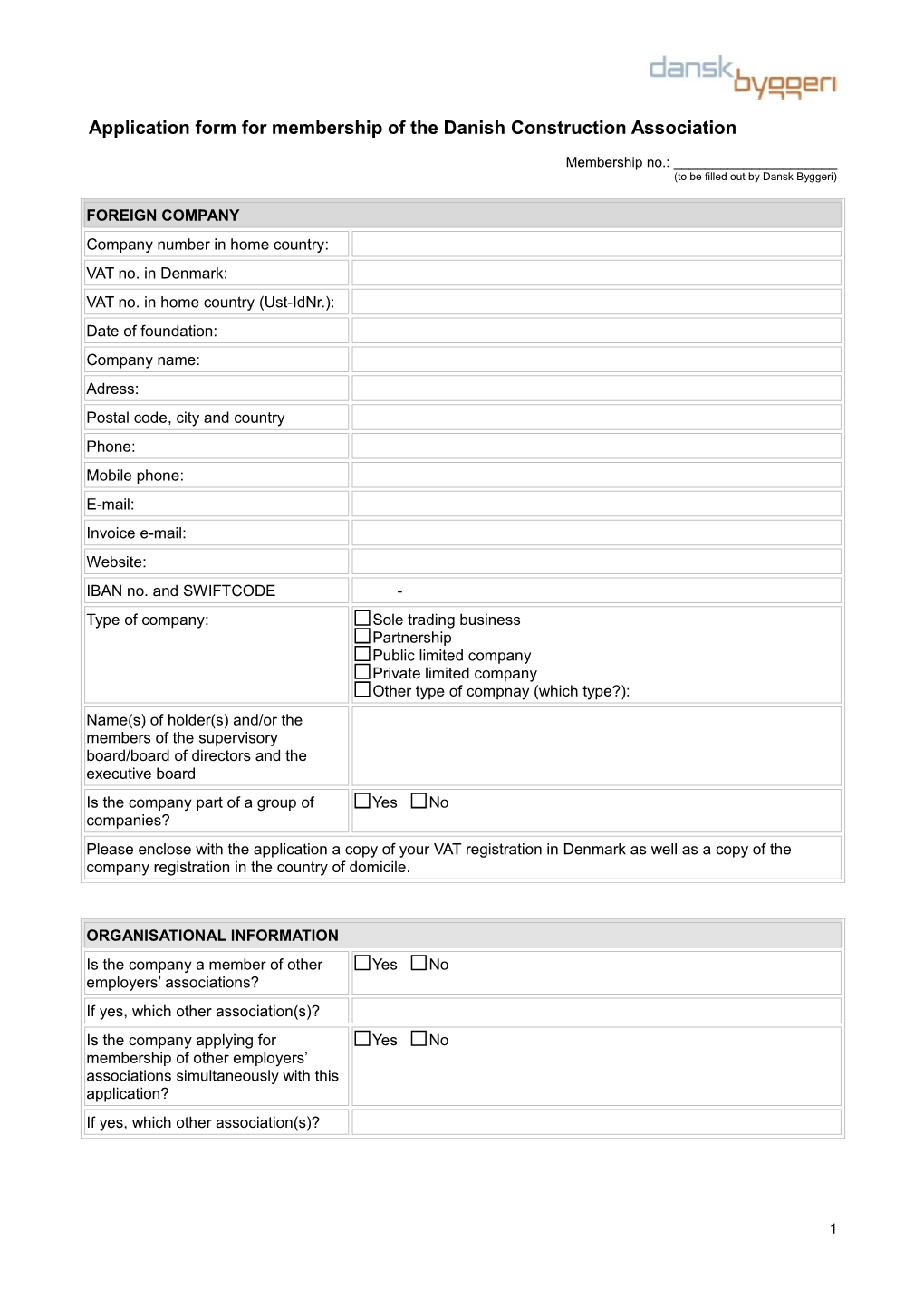 Application Form for Membership of the Danish Construction Association