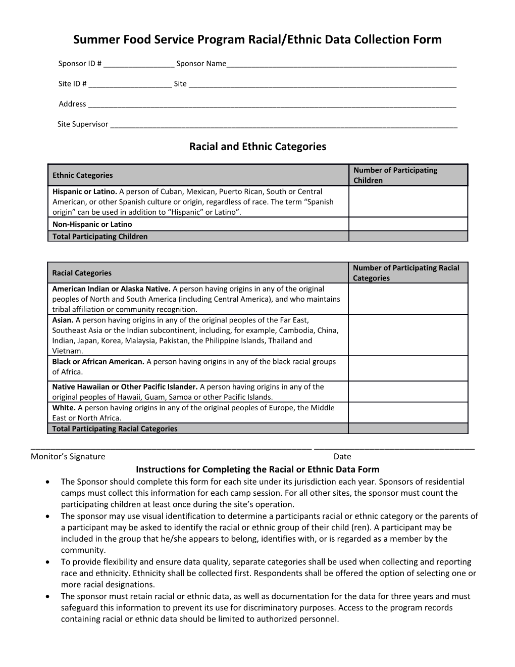 Summer Food Service Program Racial/Ethnic Data Collection Form