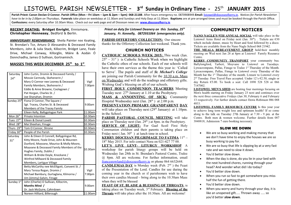 LISTOWEL PARISH NEWSLETTER 3Rd Sunday in Ordinary Time - 25Th JANUARY 2015