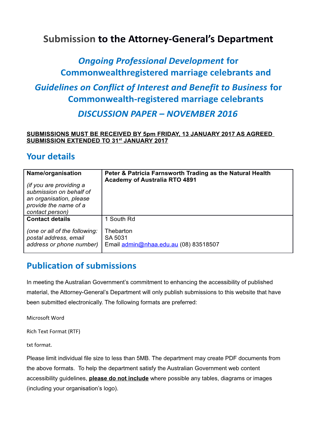 Submissions to OPD for Marriage Celebrants Consultation - Natural Health Academy of Australia