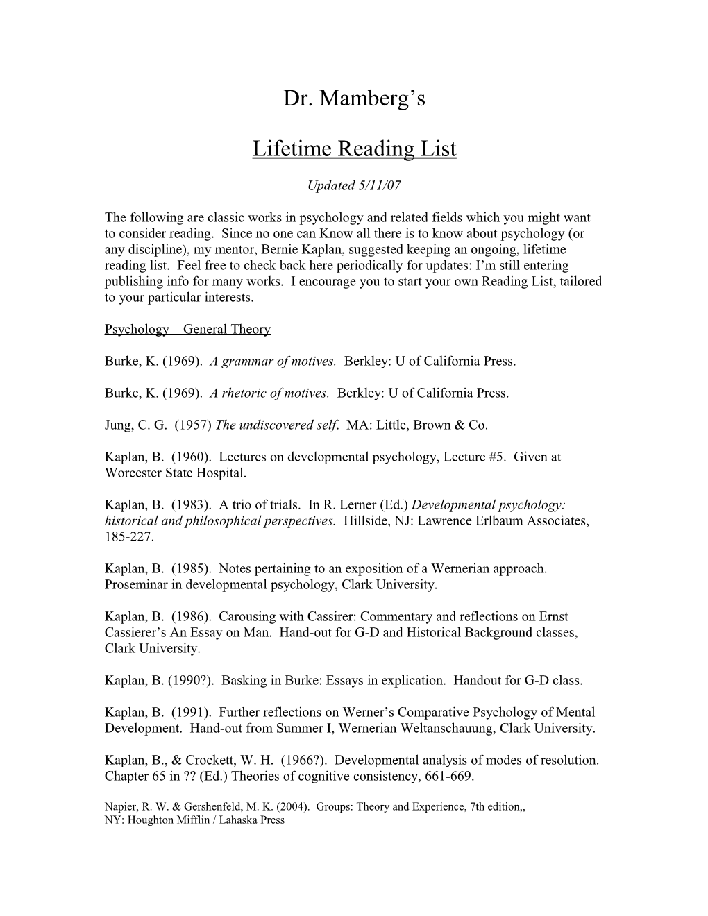 Lifetime Reading List