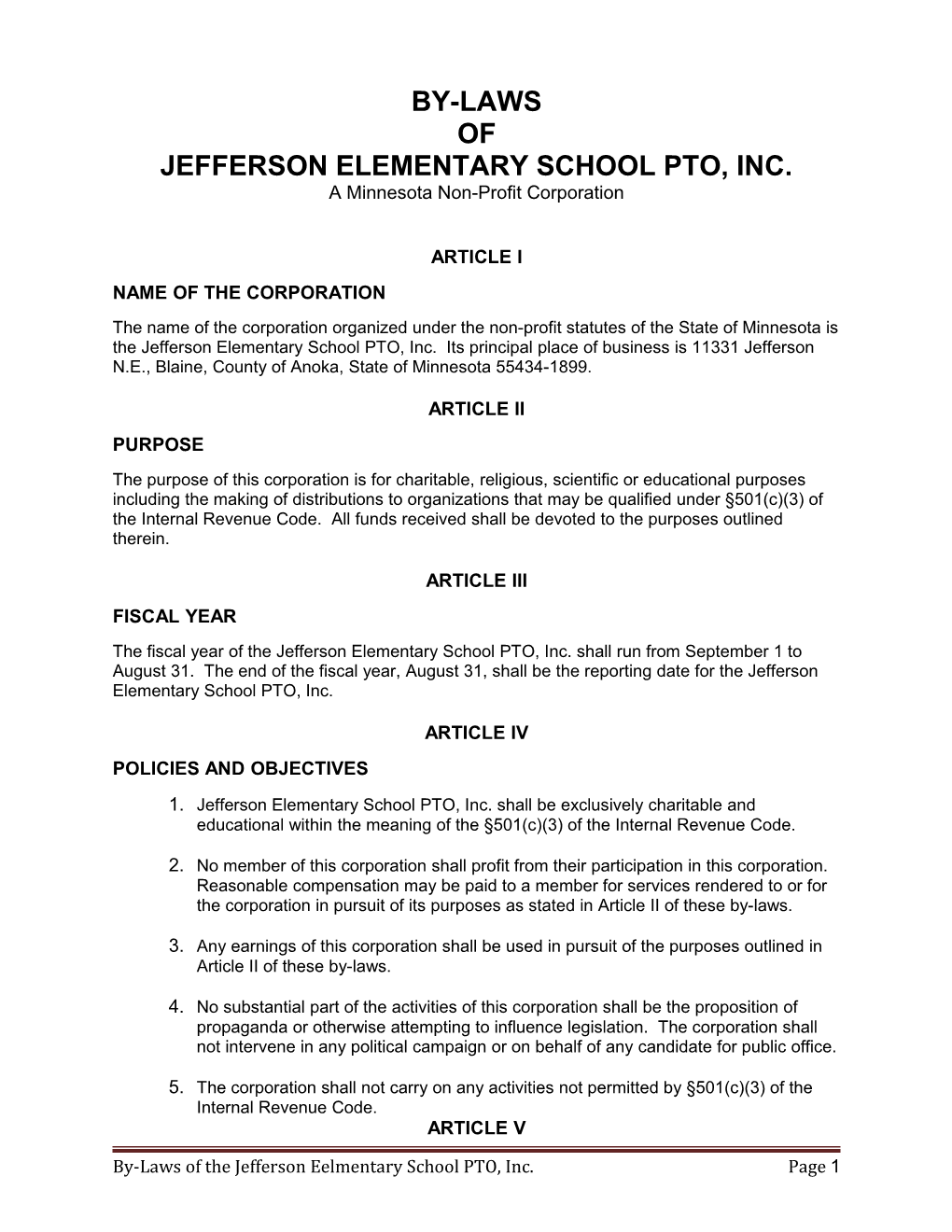 Jefferson Elementary School Pto, Inc