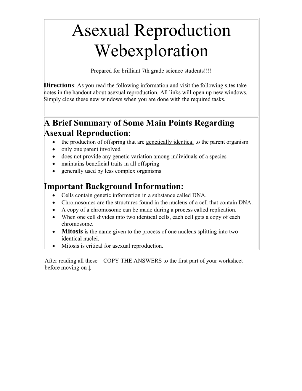 Asexual Reproduction Webquest