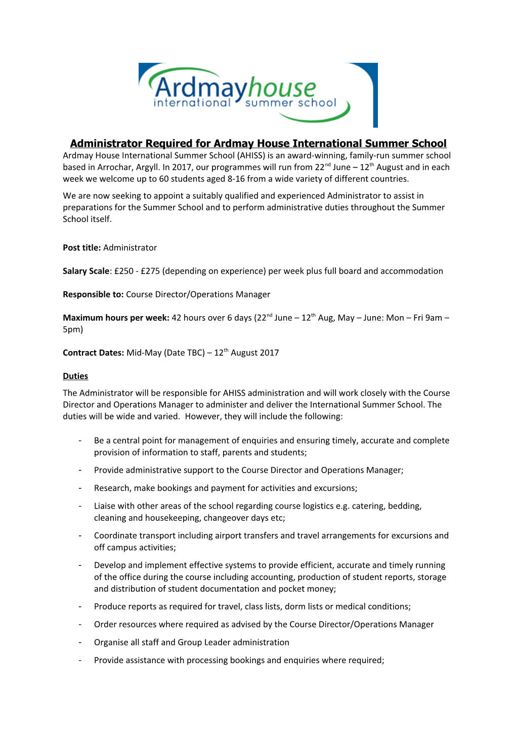 Administrator Required for Ardmay House International Summer School