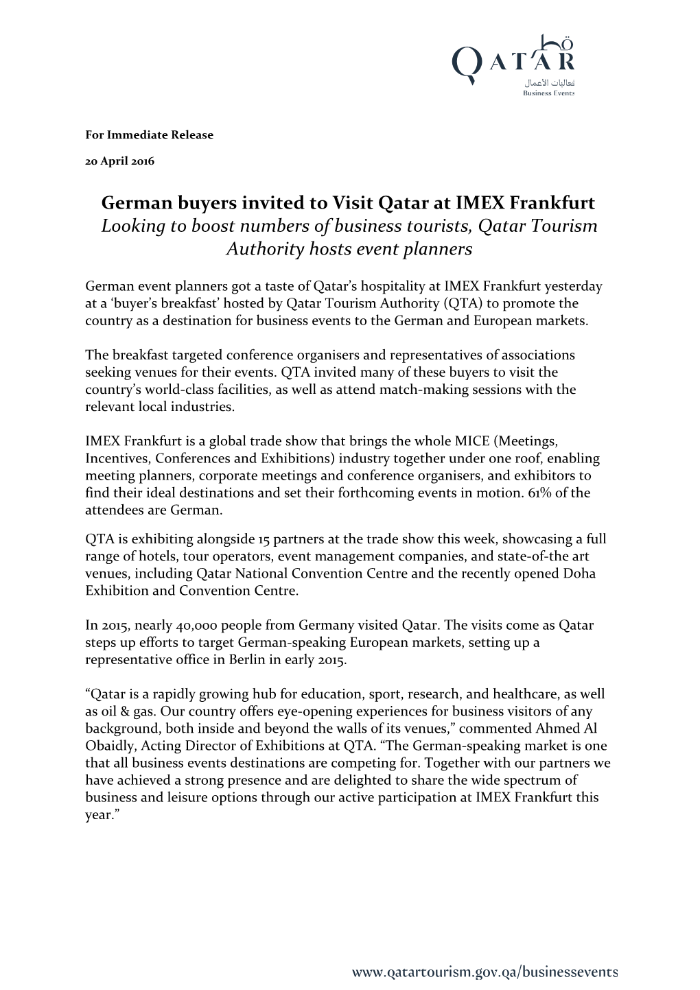 German Buyers Invited to Visit Qatar at IMEX Frankfurt