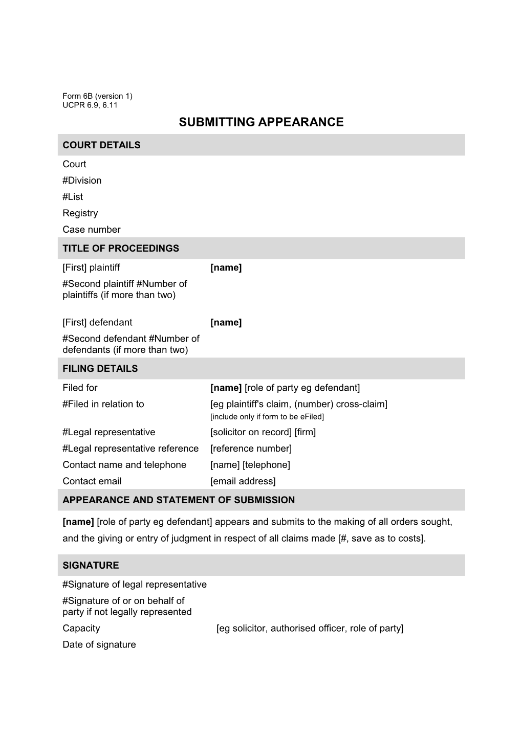 NSW UCPR Form 6 - Appearance - Amended Note About Submitting Appearance