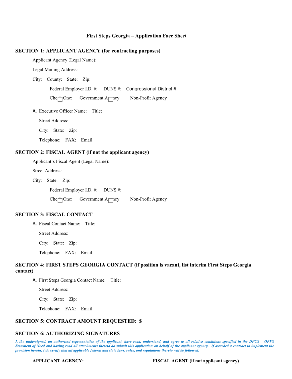 First Steps Georgia Application Face Sheet