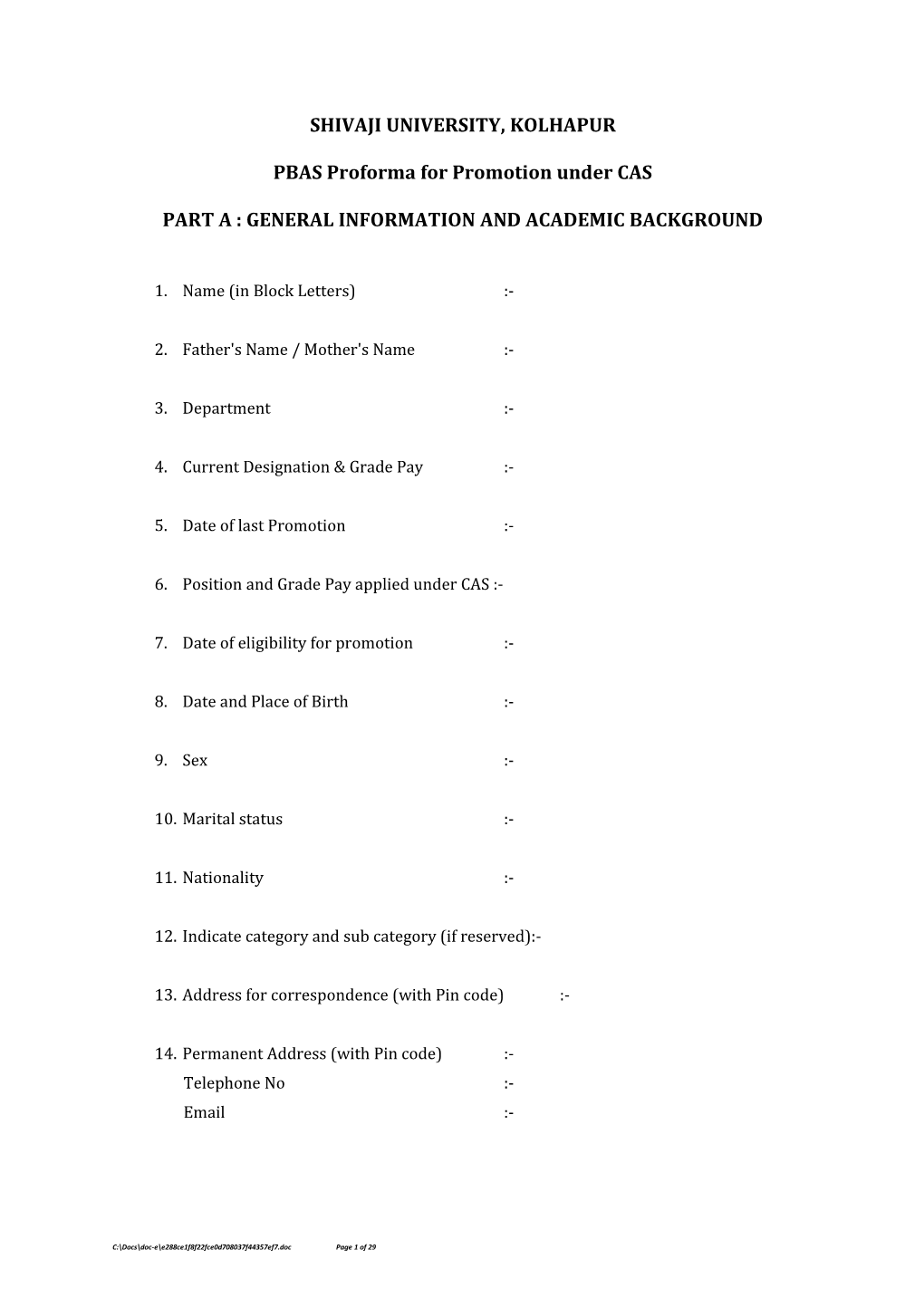 PBAS Proforma for Promotion Under CAS