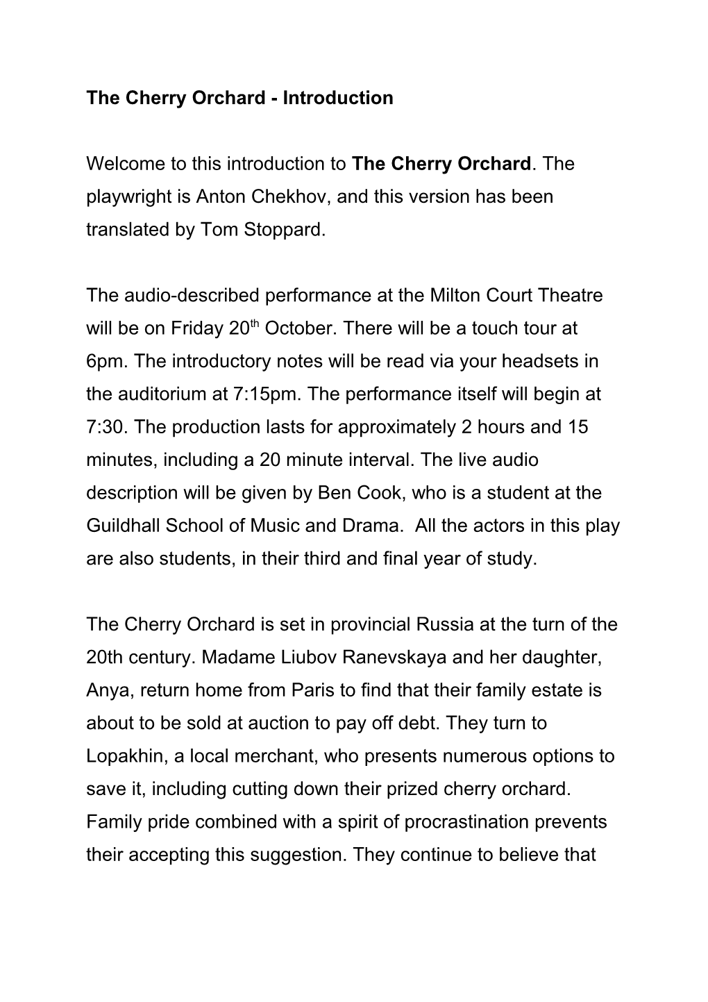 The Cherry Orchard - Introduction