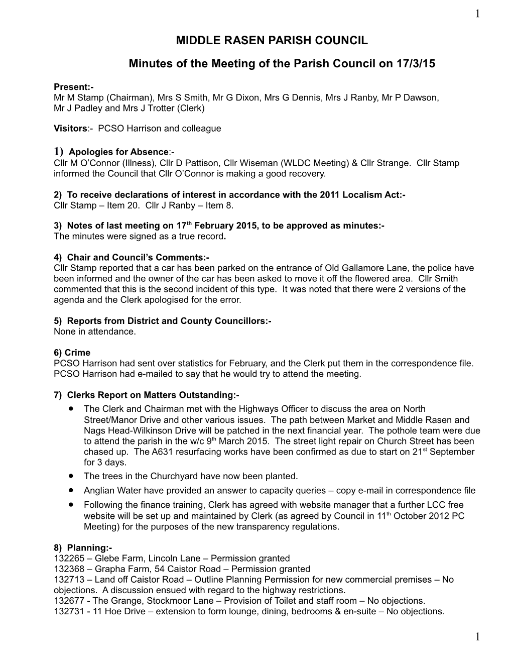 Minutes of Themeeting of the Parish Council On17/3/15