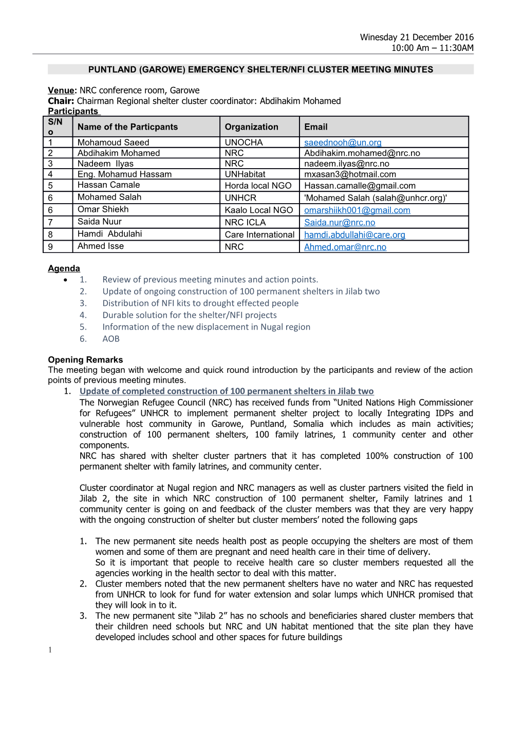 Puntland (Garowe)Emergency Shelter/Nfi Cluster Meeting Minutes