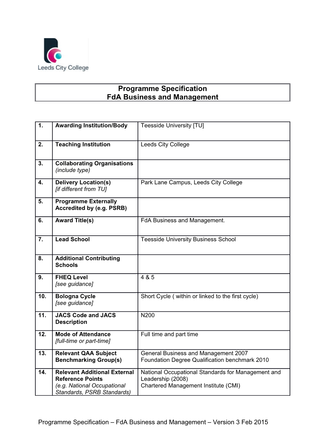 Programme Specification Fda Business and Management - PPASC Amends