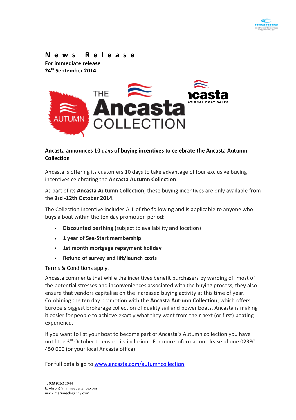 Ancasta Announces 10 Days of Buying Incentives to Celebrate the Ancastaautumn Collection