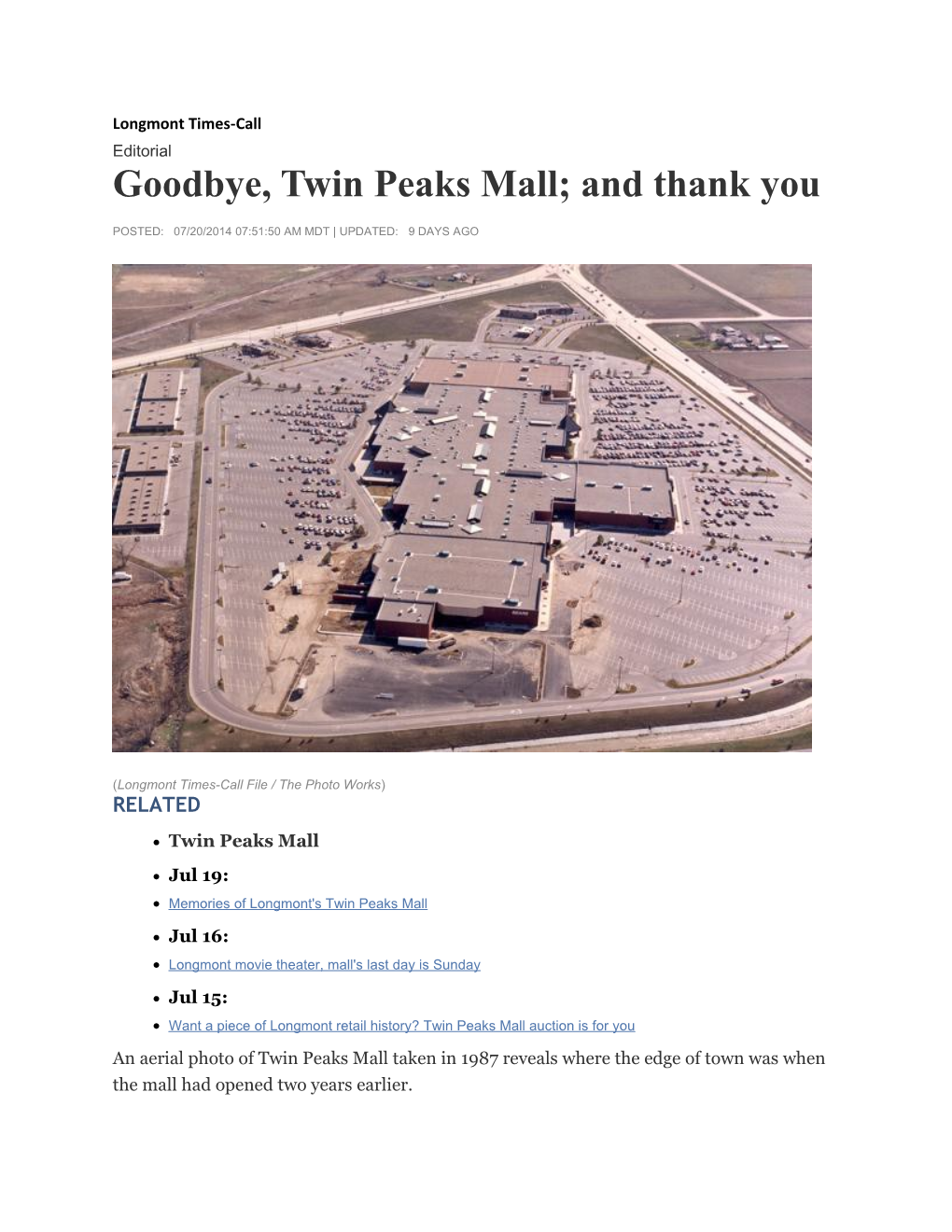 Goodbye, Twin Peaks Mall; and Thank You
