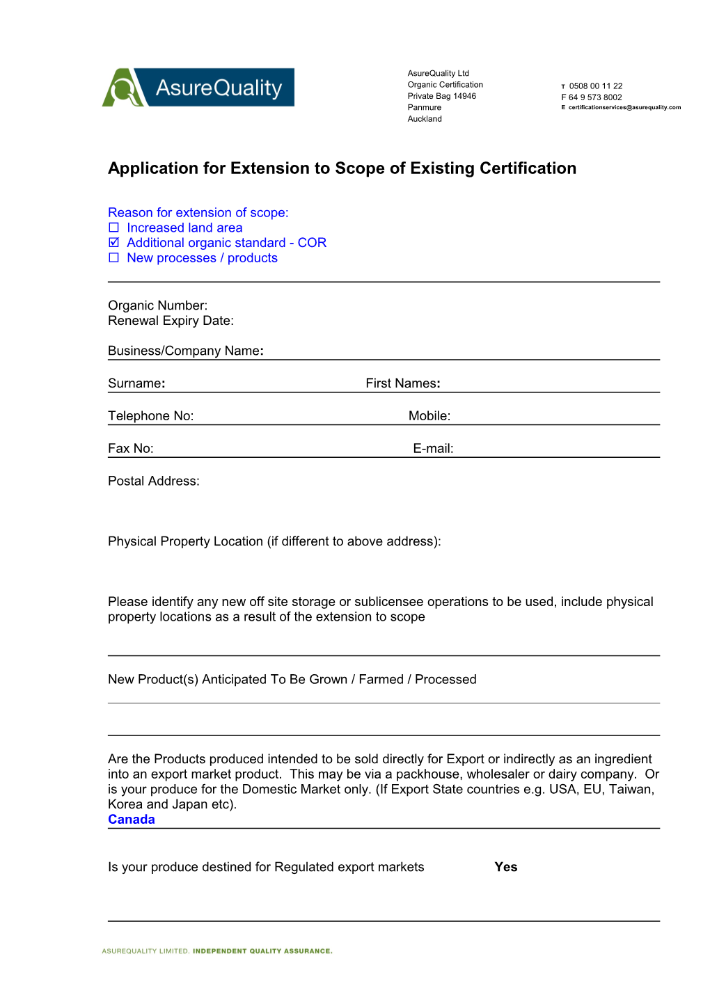 Application for Extension to Scope of Existing Certification