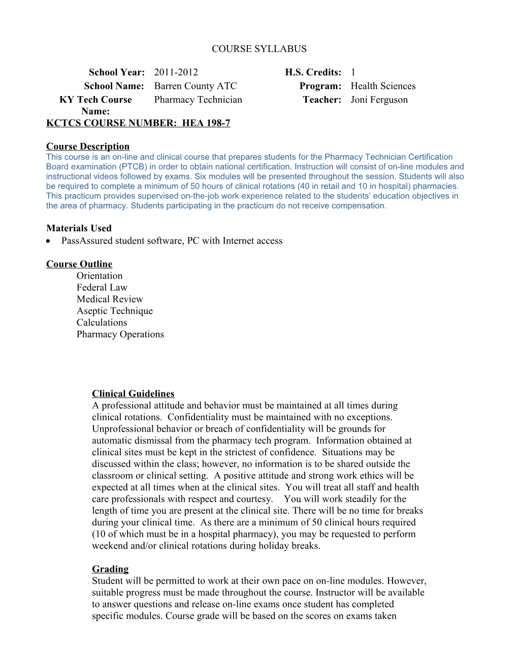 Pharmacy Technician Syllabus Page 1 of 2