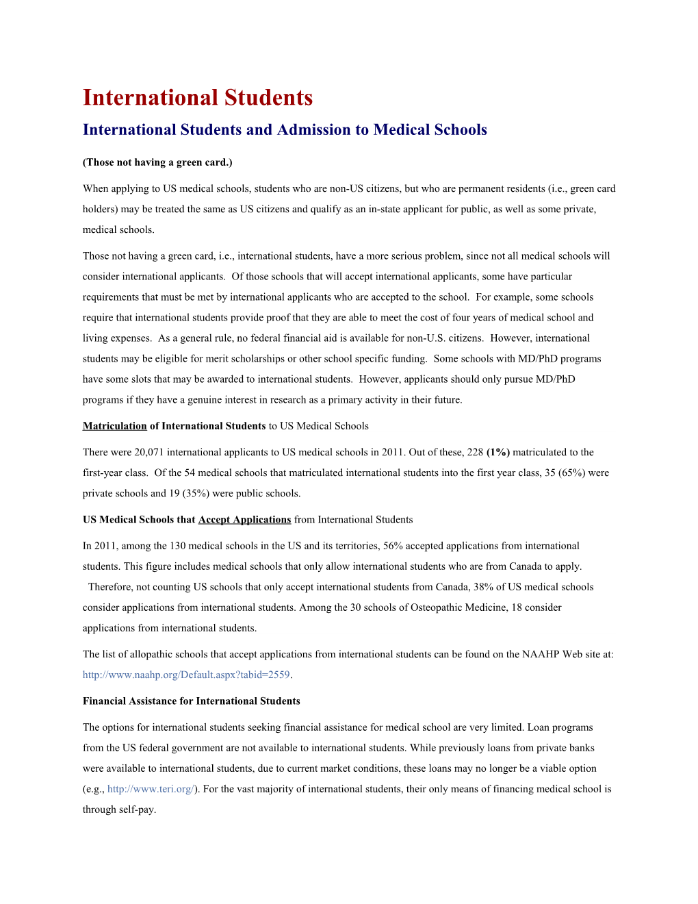 International Students and Admission to Medical Schools