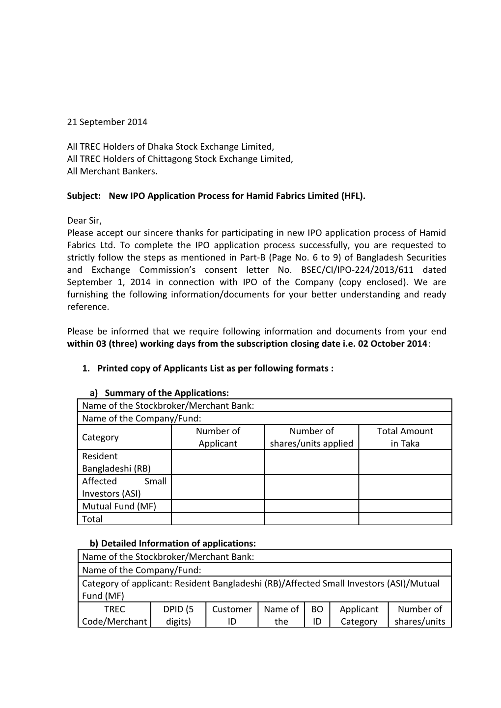 All TREC Holders of Dhaka Stock Exchange Limited