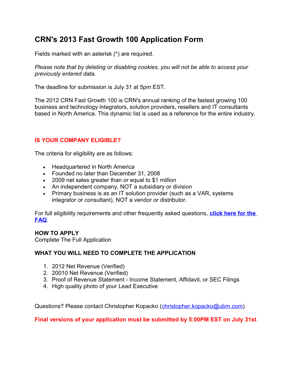 CRN's 2013 Fast Growth 100 Application Form